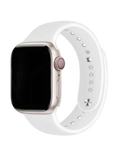 an apple watch with white band and red dots on the face, showing the time