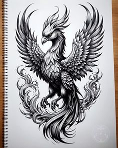 a black and white drawing of an eagle