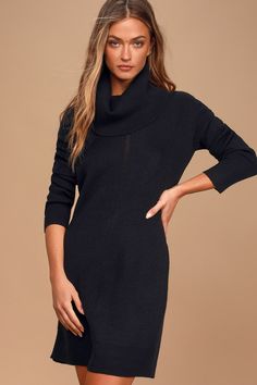 Cute Black Dress - Knit Dress - Cowl Neck Dress - Lulus Little Black Dress Outfit Winter, Black Dress Outfit Winter, Dress Outfit Winter, Little Black Dress Outfit, Burgundy Sweater Dress, Burgundy Maxi Dress, Wrap Sweater Dress, Thanksgiving Dress, Cute Black Dress