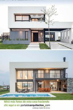 two pictures of a modern house with swimming pool