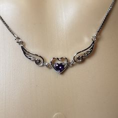 Sterling Silver Heart Wings With Sparkling Purple Crystal Necklace Brand New Dainty And Charming Comes From Smoke And Pet Free Home Dark Purple Necklace, Purple Crystal Necklace, Heart Wings, Purple Accessories, Prom Ideas, Heart With Wings, Purple Jewelry, Purple Necklace, Necklace Brands