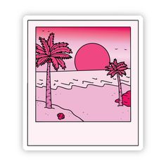 a pink sticker with two palm trees on the beach