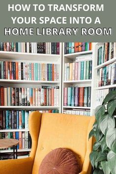 a yellow chair sitting in front of a bookshelf filled with lots of books