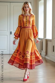 Olivia Mark - Mustard Sunset Maxi Dress with Rust Floral and Bell Sleeves Festive Yellow Printed Dress, Voluminous Skirt, Quiet Beauty, Delicate Embroidery, Exclusive Dress, Sophisticated Design, Floral Motifs, Floral Maxi, Fitted Bodice