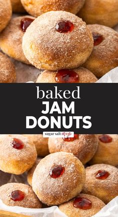 baked jam donuts stacked on top of each other with the words baked jam donuts above them