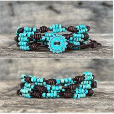 This Triple Wrap Bracelet Is Handmade With Picasso Finished Seed Beads And The Finest Quality Rustic Leather, This Triple Wrap Bracelet Is Very Versatile As It Looks Great With Just About Any Casual Outfit, Boho Jewelry Is Always In Style! The Focal Point Of This Beaded Bracelet Is The Patina Button Closure. I Have Added a Blue Patina Feather Charm To Complete The Look. This Bohemian Bracelet Is Perfect To Wear Alone Or Layered With Other Bracelets. NOTE: Please Keep In Mind That Due To Lighting Rustic Adjustable Blue Bracelets, Rustic Blue Adjustable Bracelets, Bohemian Turquoise Leather Bracelet With Round Beads, Rustic Adjustable Turquoise Beaded Bracelets, Rustic Blue Adjustable Beaded Bracelets, Rustic Adjustable Blue Beaded Bracelet, Rustic Blue Adjustable Beaded Bracelet, Handmade Turquoise Leather Bracelet Spiritual, Rustic Handmade Blue Beaded Bracelets