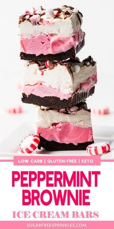 three chocolate peppermint brownie ice cream bars stacked on top of each other