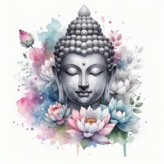 the buddha statue is surrounded by watercolors and flowers on a white background with butterflies flying around it