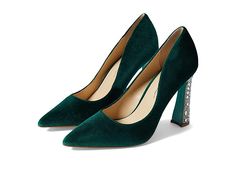 Blue by Betsey Johnson Corie - Women's Shoes : Emerald : Add a touch of glam to your next special occasion in the Blue by Betsey Johnson Corie heels. Slip-on style. Classic pointed toe silhouette. Rhinestone embellishments on block heel. Textile upper. Synthetic lining and insole. Synthetic outsole. Imported. Measurements: Heel Height: 4 in Product measurements were taken using size 8, width M. Please note that measurements may vary by size. Elegant Embellished High Heel Block Heels, Party Block Heels With 4-inch Heel And Almond Toe, Embellished High Heel Block Heels For Evening, Evening Embellished High Heel Block Heels, Elegant Pointed Toe Block Heels For Night Out, Elegant Embellished Block Heels For Formal Occasions, Elegant Embellished Block Heels For Formal Events, Glamorous Block Heels With Sculpted Heel For Formal Events, Embellished Block Heel Shoes For Events