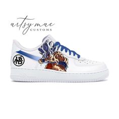 Anime Custom Nike AF1 Women/Mens * Hand painted Nike Air Force 1 07 Low * Please order correct size and view the shoe chart provided in pics- i will send you a message after ordering to confirm the size * Wipe with damp clean cloth * Shoes are 100% genuine & are bought from Nike directly * If you have another design in mind do contact me as I do take commissions/custom orders Thanks for supporting my business! Artsy Mae  Artsymae04(at)gmail.com Custom Sneakers With Artwork For Sports, Custom Artwork Sneakers For Sports, Nike Air Force 1 Women, Sporty White Custom Sneakers With Anime Print, White Sporty Custom Sneakers With Anime Print, Custom Air Force 1 Nike Sign, White Low-top Custom Sneakers With Anime Print, One Piece Air Force, Air Force 1 Women