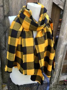 "Plaid Scarf in straight or infinity The Buffalo Plaid Scarf is a classic look for Fall. It's wonderful bright yellow and Black really add flare to any outfit. The fabric is a bit thicker then other plaids in my collection. It's amazing soft cotton, very high end fabric. I put a lot of care into hand fringing all the edges. This lovely scarf is allcotton and can go in the wash. I pick all my fabrics for their beauty and quality. It's a medium weight and yarn dyed just perfect for Fall/Winter Thi Casual Yellow Scarf For Winter, Casual Yellow Winter Scarf, Casual Cotton Scarves For Fall, Cotton Scarves For Fall, Buffalo Plaid Scarf, Boulder Co, Fall Scarves, I Pick, The Buffalo