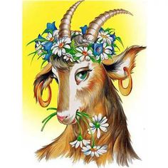 a goat with flowers in its hair