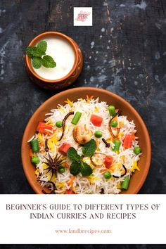 a brown bowl filled with rice and vegetables next to a cup of yogurt