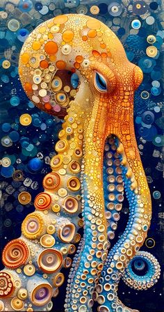 an octopus is depicted in this colorful painting