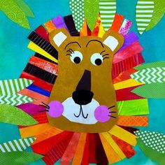 a paper lion made out of strips of colored construction paper on a blue background with green leaves