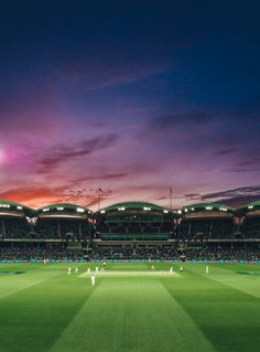 a large stadium filled with lots of people on top of a green field at night