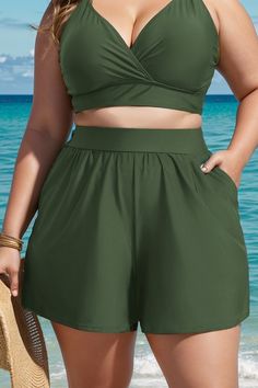 Plus Size Green Women Swim Skirt Bottoms Beach Skirt With Built-in Shorts, Summer Beach Skort With Pockets, Summer Skirted Skort With Pockets, Solid Mini Skirt With Pockets, Solid Color Short Summer Skirt, Green Short Swim Skirt For Summer, Short Green Swim Skirt For Summer, Casual High Waist Swim Skirt For Vacation, Casual High-waist Swim Skirt For Vacation