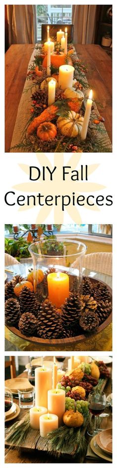 a table with candles and pine cones on it that says diy fall centerpieces