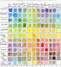 the color chart for watercolors is shown in this drawing, with different colors