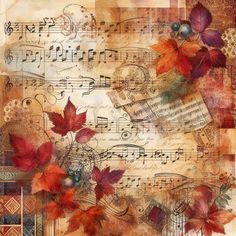 an artistic painting with musical notes and autumn leaves