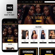 the website design is displayed on two phones and one tablet screen, with an image of women's hair