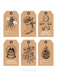 christmas gift tags with hand drawn ornaments and stockings on them, set of six in brown paper