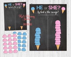 two ice cream cones are shown with the words he or she? and what's the scoops?