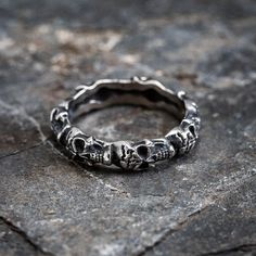 Stainless Steel Vanquished Foes Skull Ring-Viking Ring-Norse Spirit Punk Skull Jewelry For Biker Events, Gothic Skull Jewelry For Biker Events, Adjustable Symbolic Skull Ring, Skull Print Gothic Jewelry For Streetwear, Adjustable Stainless Steel Skull Ring, Gothic Skull Ring For Streetwear, Adjustable Punk Skull Ring, Punk Metal Skull Ring For Streetwear, Unique Nickel-free Skull Ring