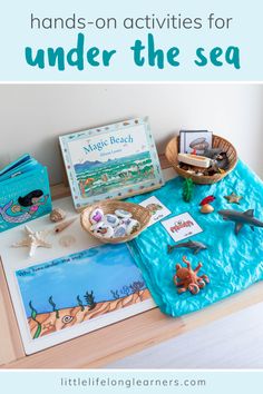 an ocean themed table with books, toys and other items on it for under the sea