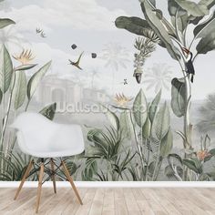 a wall mural with tropical plants and birds in the sky, on a wooden floor