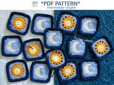 crocheted sun and moon coasters are arranged on a blue tablecloth with the words, pattern tester call