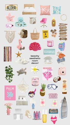 a collage of different items and words on a white background with pink, blue, green