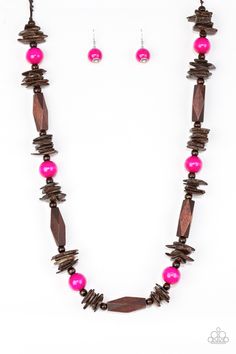 Featuring round, faceted, and distressed finishes, mismatched brown wooden beads are threaded along shiny brown cording. Vivacious pink wooden beads trickle between the earthy accents, adding a colorful finish to the summery palette. Features an adjustable sliding knot closure.

Sold as one individual necklace. Includes one pair of matching earrings. Orange Order, Adjustable Sliding Knot, Sliding Knot Closure, Faceted Bead Necklace, Wooden Necklace, Wood Necklace, Pink Necklace, Sliding Knot, Paparazzi Accessories