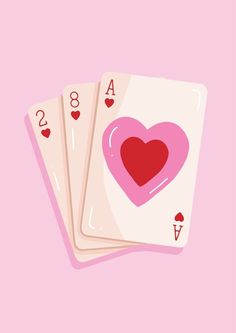 three playing cards with a heart on the front and two hearts on the back, against a pink background