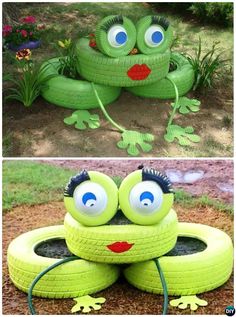 two pictures one is green and the other is yellow with blue eyes, both are made out of tires