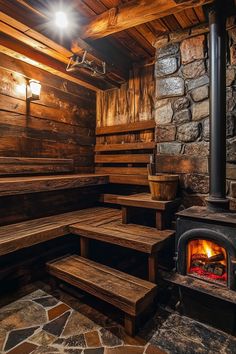 a wood burning stove sitting inside of a wooden cabin