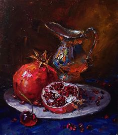 a painting of pomegranate on a plate with a pitcher and bowl in the background