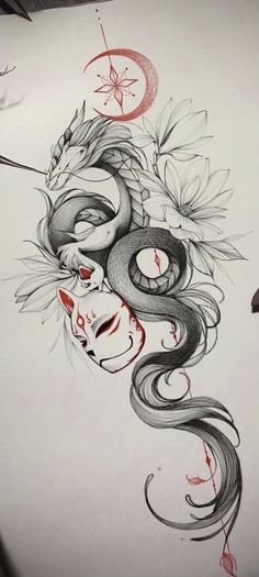 a pencil drawing of a woman's face with dragon and moon behind her head