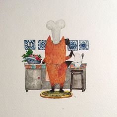 a drawing of a chef standing in the kitchen