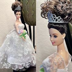 two pictures of a barbie doll wearing a tiara and holding a flower in her hand