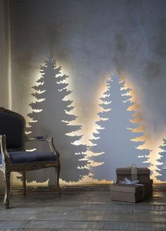 a living room filled with furniture and lit up christmas trees