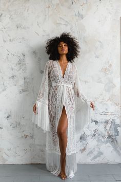 Boho Tassel Kimono Robe Bohemian Style Elopement or Beach - Etsy White Wedding Dresses With Tassels, Elegant Long Lace Kimono, Lace Wedding Kimono With Kimono Sleeves, Long Tasseled Kimono For Beach Cover-up, Bohemian Long Wedding Robe, Bohemian Wedding Robe With Kimono Sleeves, Bohemian Wedding Dress With Kimono Sleeves, White Kimono With Lace Trim, White Bohemian Robe For Beach Cover-up