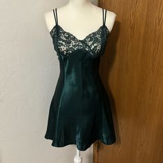 Nwot Victoria’s Secret Emerald Green Satin Slip Dress With Lace Bust And Adjustable Straps Size Medium. Details And Measurements In Pics. Cheap Purple Playwear Dress, Emerald Green Night Dress, Silk Slip Nightgowns, Slip Dress Pajama, Slip Dress Nightgown, Green Pajamas Aesthetic, Fitted V-neck Party Chemise, Fitted V-neck Chemise For Party, Elegant Green Night Sleepwear