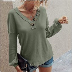 Brand New Women Waffle Knit Shirts V-Neck Long Sleeve Casual Slouchy Loose Blouses Plain Faux Button Lightweight Pullover Loose Fit Blouse, Waffle Knit Top, Knitted Tops, Striped Long Sleeve Shirt, Loose Blouse, Knit Shirt, Casual Pullover, Long Sweaters, Long Sleeve Casual