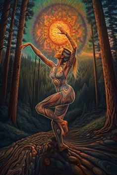 a painting of a woman doing yoga in the woods with an orange sun above her head