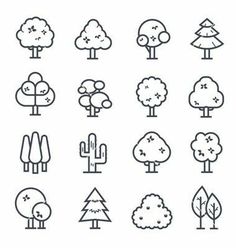 trees and bushes line icon set