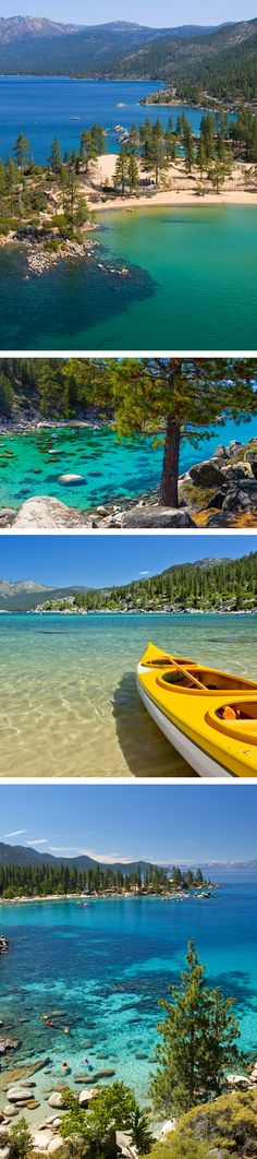 four different shots of the ocean with boats and trees in them, including an island