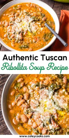 two bowls of authentic tuscana ribbella soup recipe with spinach and sausage