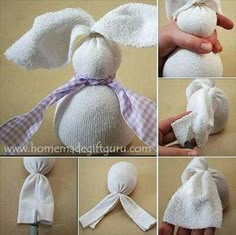 the instructions for how to make a stuffed animal bunny with white fabric and purple ribbon