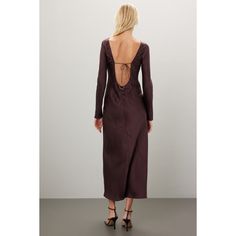 Brown satin (100% Silk). A-line. Long sleeves. Crewneck. Tie closure. 58" from shoulder to hemline. Imported. Satin A-line Midi Dress For Dinner, Spring Satin A-line Midi Dress, Spring A-line Midi Dress With Bias Cut, Long Sleeve Satin Dress For Fall Date Night, Chic Satin Dress For Fall Date Night, Chic Fall Satin Dress For Date Night, Fall Long Sleeve Satin Dress For Date Night, Chic Satin Dress For Night Out In Fall, Chic Satin Dress For Fall Night Out